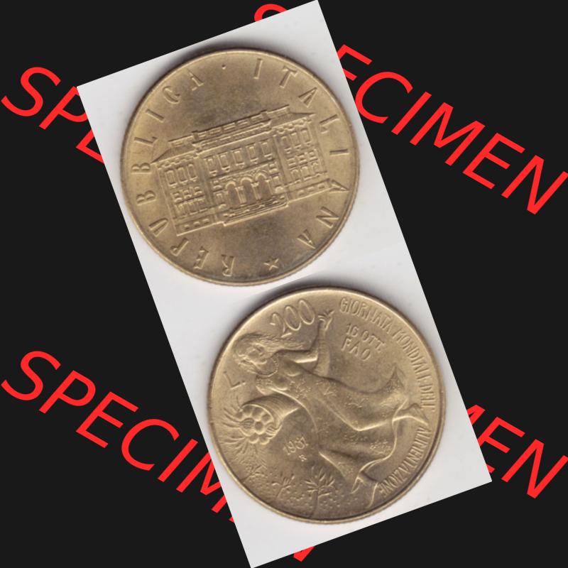 Bildmaterial von Münzen aus Italien / Italia Gedenkmünzen 1981-1981, 200 Lire FAO - Welternährungstag. Vorderseite und Rückseite vertikal untereinander auf einen digitalen... Sammlung