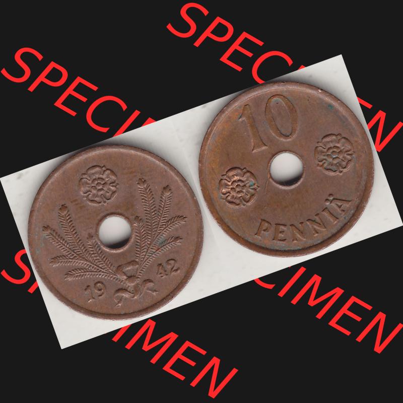 Alte Münzen KMS Finnland, Kursmünzensatz 1941-1943, 10 Penny, Penniä Kupfer 1942-1 . Digitales Bild / Bildmaterial mit Vorderseite und Rückseite einer Münze... Sammlung