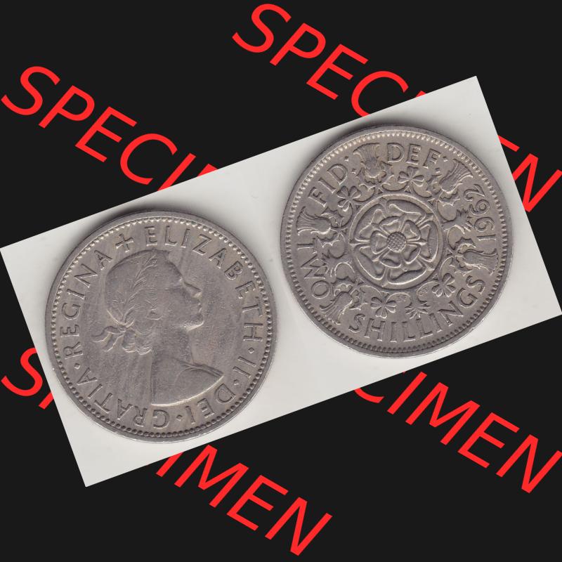 Münzen Großbritannien Umlaufmünze 1954-1970, 2 Schilling - Shillings 1962-1. Vorderseite und Rückseite horizontal auf einen digitalen Bild der alten britischen Münze... Sammlung