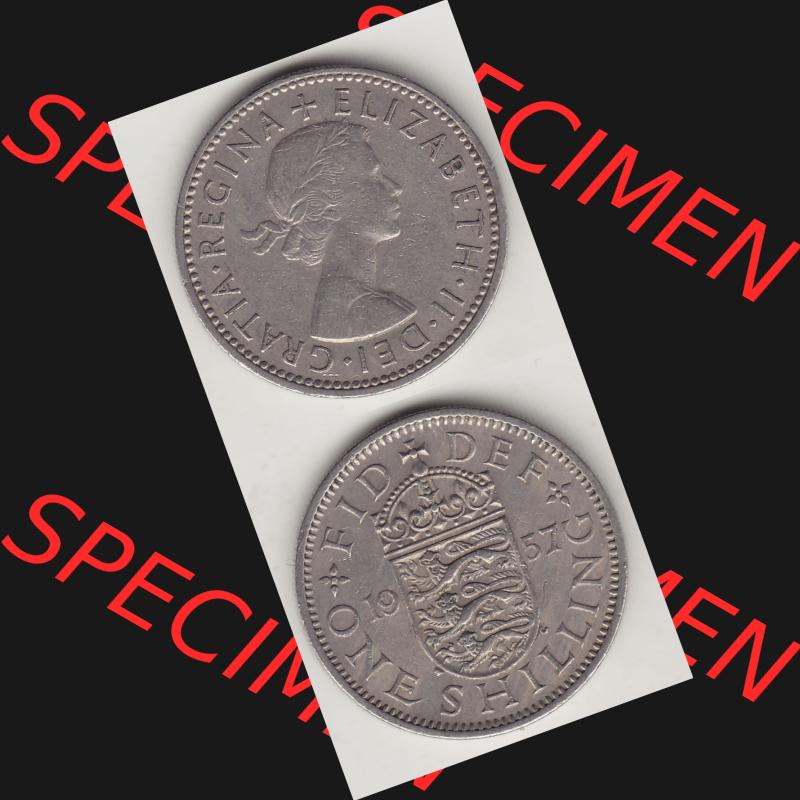 Münzen Großbritannien Umlaufmünze 1954-1970, 1 Schilling - Shilling, 1957-2 Wappen mit 3 Löwen. Vorderseite und Rückseite vertikal untereinander auf einen digitalen... Sammlung