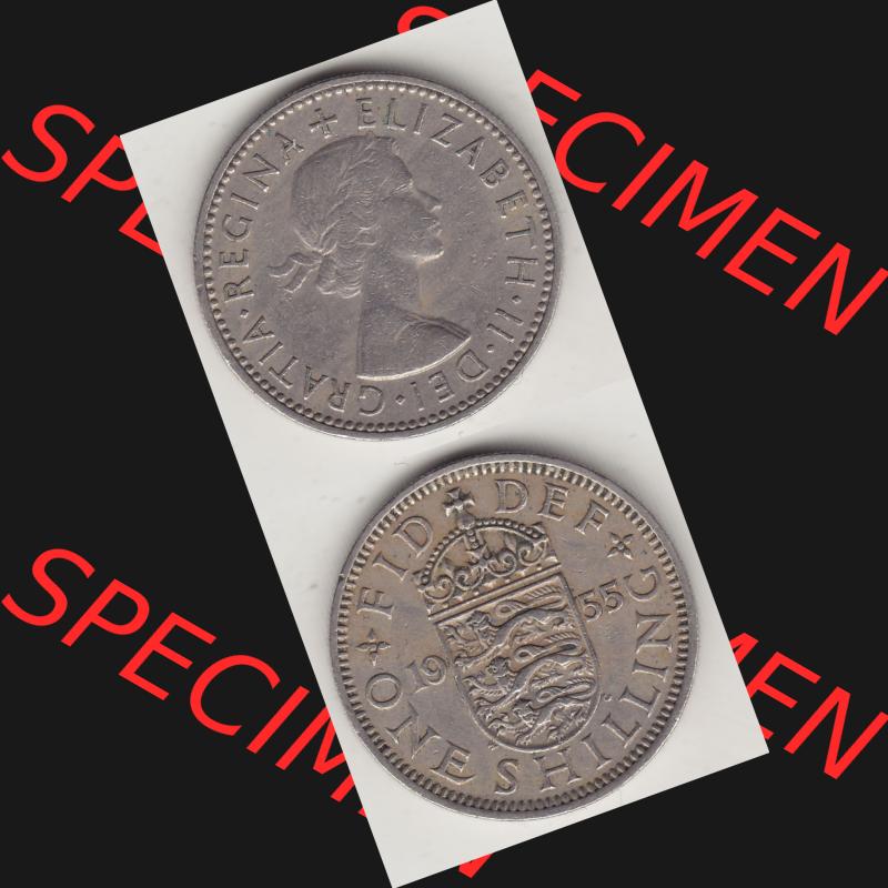 Münzen Großbritannien Umlaufmünze 1954-1970, 1 Schilling - Shilling, 1955-1 Wappen mit drei Löwen. Vorderseite und Rückseite vertikal untereinander auf einen... Sammlung