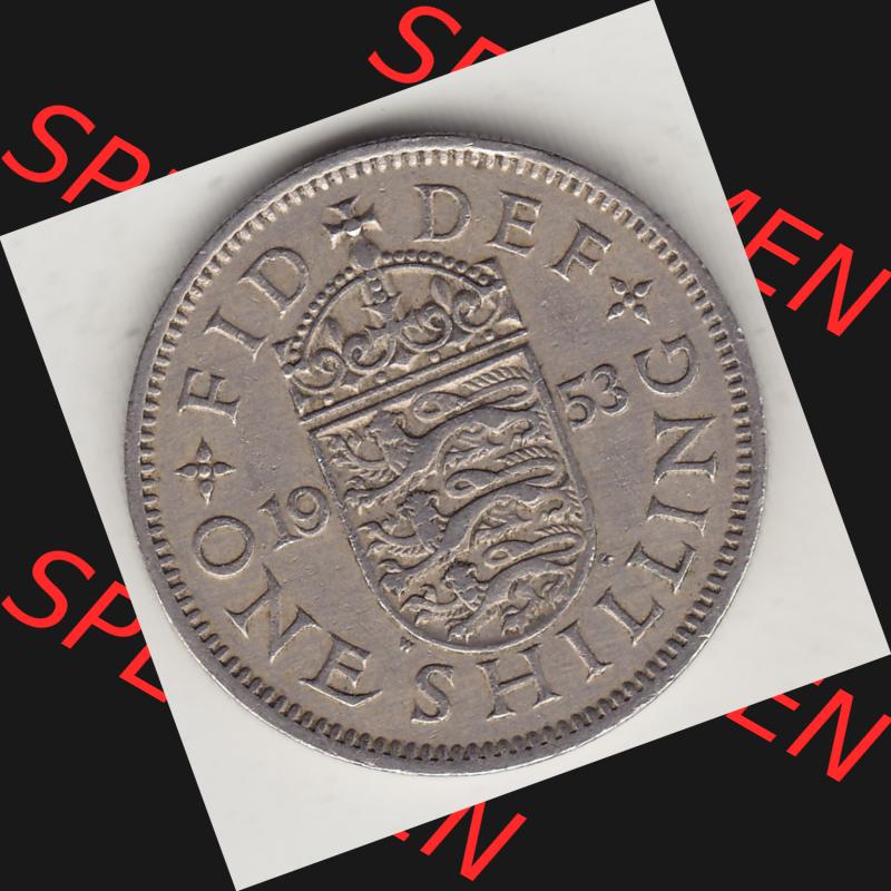 Münzen Großbritannien Umlaufmünze 1954-1970, 1 Schilling - One Shilling, 1953-1 Wappen mit drei Löwen. Rückseite der alten britischen Münze aus Großbritannien... Sammlung