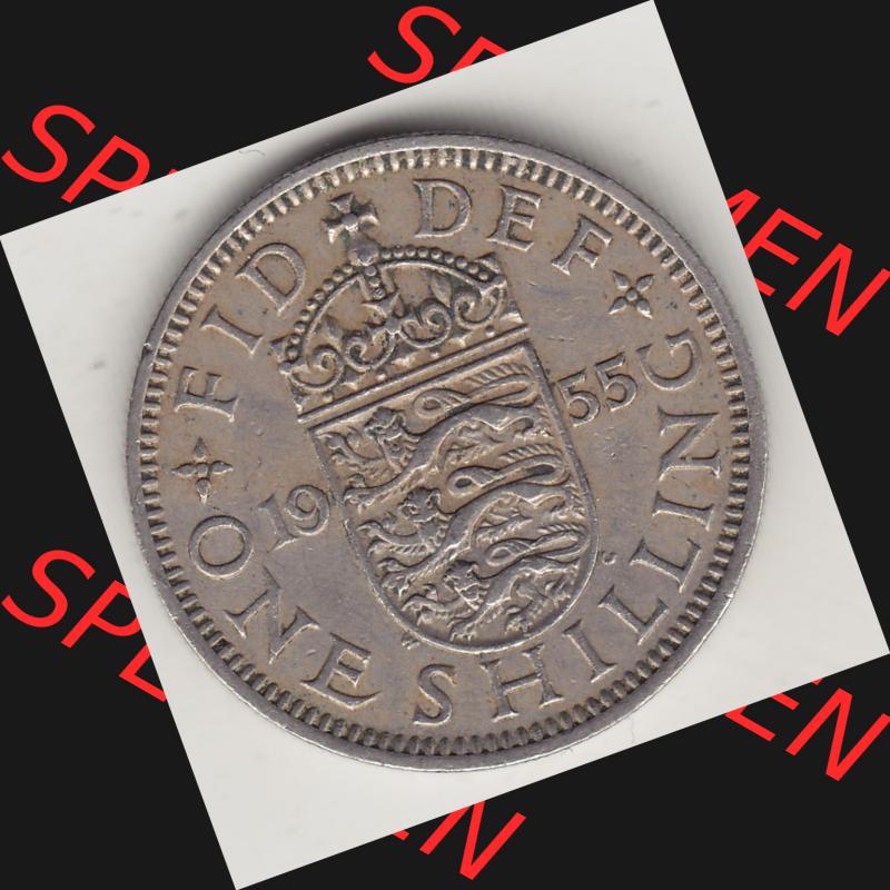 Münzen Großbritannien Umlaufmünze 1954-1970, 1 Schilling - Shilling, 1955-1 Wappen mit drei Löwen. Rückseite der alten britischen Münze aus Großbritannien... Sammlung