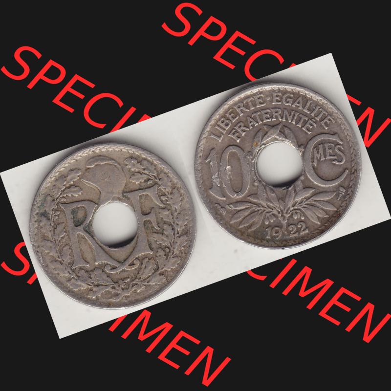 Münzen Frankreich Umlaufmünze Vollansicht 1917-1938, 10 Centimes, 10 CMES EGALITÉ FRATERNITÉ LIBERTÉ 1922-1. Vorderseite und Rückseite horizontal... Sammlung