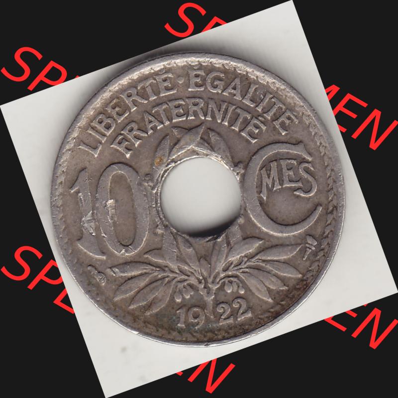 Münzen Frankreich Umlaufmünze Einzelansicht 1917-1938, 10 Centimes, 10 CMES EGALITÉ FRATERNITÉ LIBERTÉ 1922-1. Rückseite der alten französischen... Sammlung