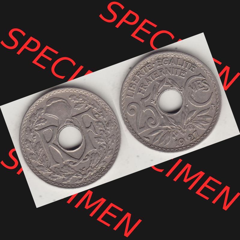 Alte Münzen KMS Frankreich, aus Kursmünzensatz-Zusammenstellung der Jahre 1917-1952, mit der Münze 1917-1937, 25 Cmes, Centime 1927-1. Vorderseite und Rückseite... Sammlung