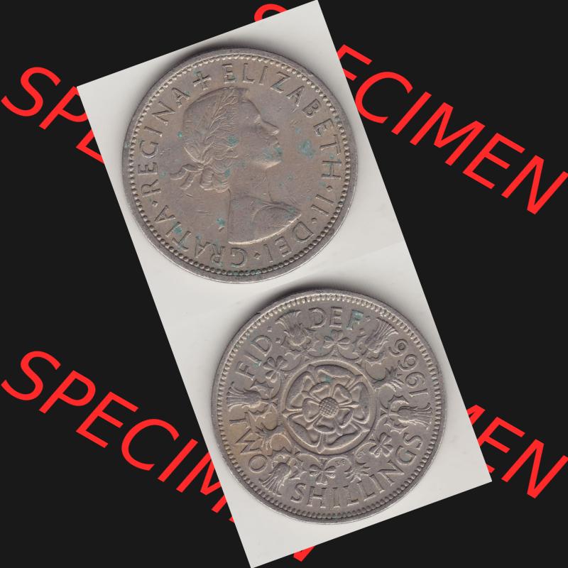 Münzen Großbritannien Umlaufmünze 1954-1970, 2 Schilling - Shillings 1966-2. Vorderseite und Rückseite vertikal untereinander auf einen digitalen Bild der alten britischen... Sammlung