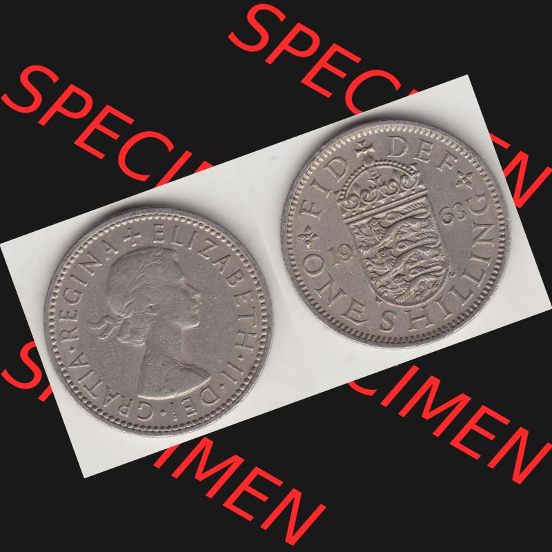 Münzen Großbritannien Umlaufmünze 1954-1970, 1 Schilling - Shilling, 1963-1 Wappen mit drei Löwen. Vorderseite und Rückseite horizontal auf einen digitalen... Sammlung