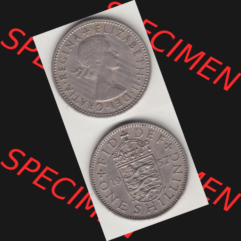 Münzen Großbritannien Umlaufmünze 1954-1970, 1 Schilling - Shilling, 1957-1 Wappen mit 3 Löwen. Vorderseite und Rückseite vertikal untereinander auf einen digitalen... Sammlung