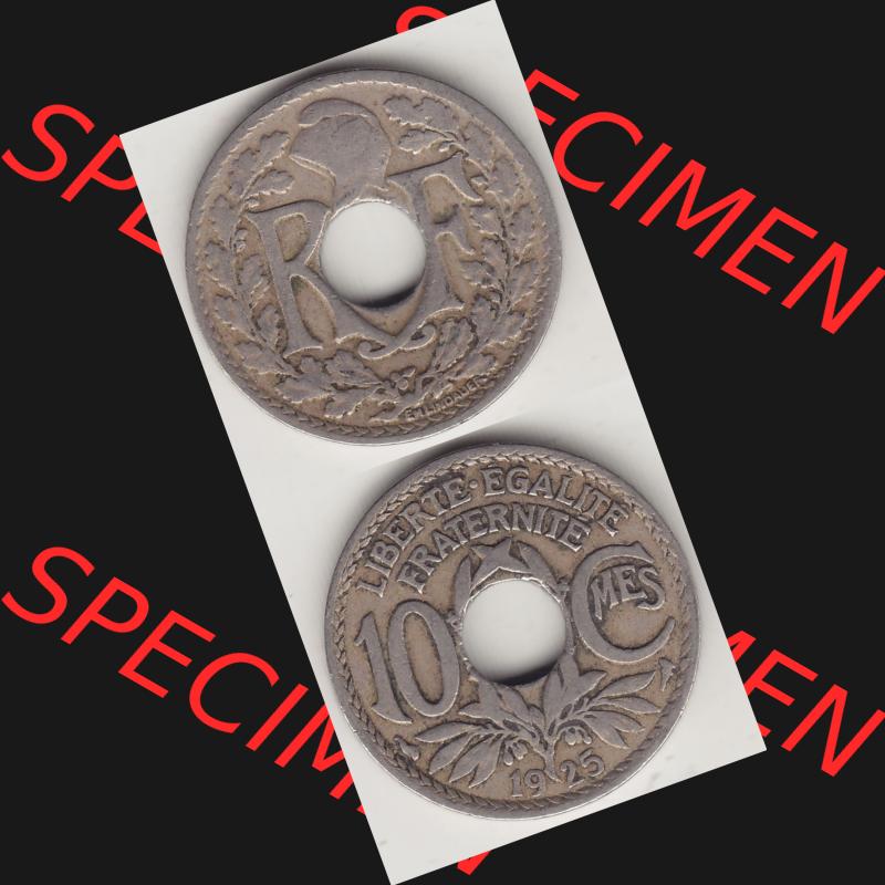 Münzen Frankreich Umlaufmünze 1917-1938, 10 Centimes - Cmes 1925. Vorderseite und Rückseite vertikal auf einen digitalen Bild der alten französischen Umlaufmünze 10... Sammlung