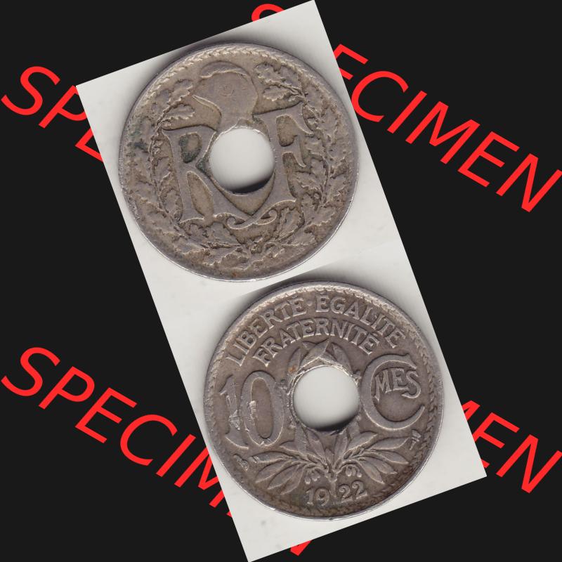 Münzen Frankreich Umlaufmünze Vollansicht 1917-1938, 10 Centimes, 10 CMES EGALITÉ FRATERNITÉ LIBERTÉ 1922-1. Vorderseite und Rückseite vertikal auf... Sammlung