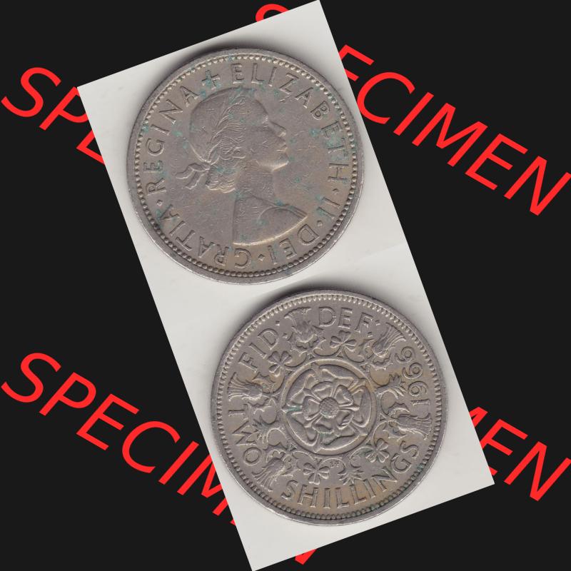Münzen Großbritannien Umlaufmünze 1954-1970, 2 Schilling - Shillings 1966-5. Vorderseite und Rückseite vertikal untereinander auf einen digitalen Bild der alten britischen... Sammlung