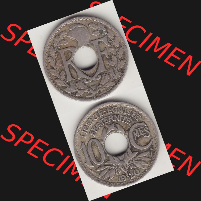 Münzen Frankreich Umlaufmünze 1917-1938, 10 Centimes - Cmes 1920. Vorderseite und Rückseite vertikal auf einen digitalen Bild der alten französischen Umlaufmünze 10... Sammlung