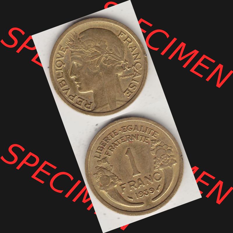 Alte Münzen KMS Frankreich, aus Kursmünzensatz-Zusammenstellung der Jahre 1917-1952, mit der Münze 1931-1941, 1 Franken, Franc, 1939-1. Vorderseite und... Sammlung