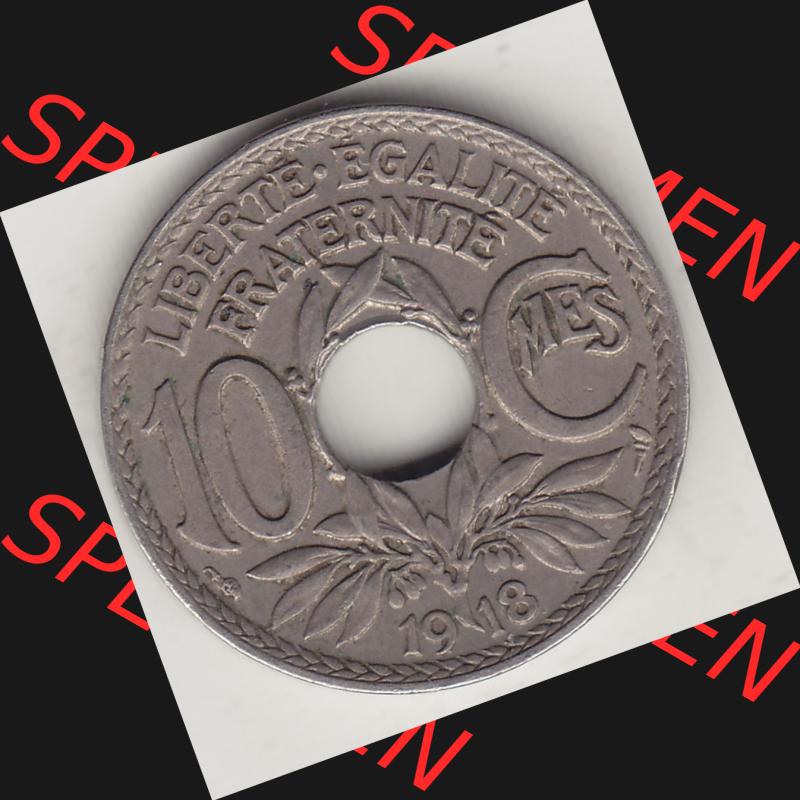 Münzen Frankreich Umlaufmünze 1917-1938, 10 Centimes, 10 CMES EGALITÉ FRATERNITÉ LIBERTÉ 1918-1. Digitales Bild der Rückseite mit Wertzahl / Nennwert... Sammlung