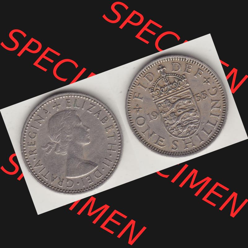 Münzen Großbritannien Umlaufmünze 1954-1970, 1 Schilling - Shilling, 1955-1 Wappen mit drei Löwen. Vorderseite und Rückseite horizontal auf einen digitalen... Sammlung