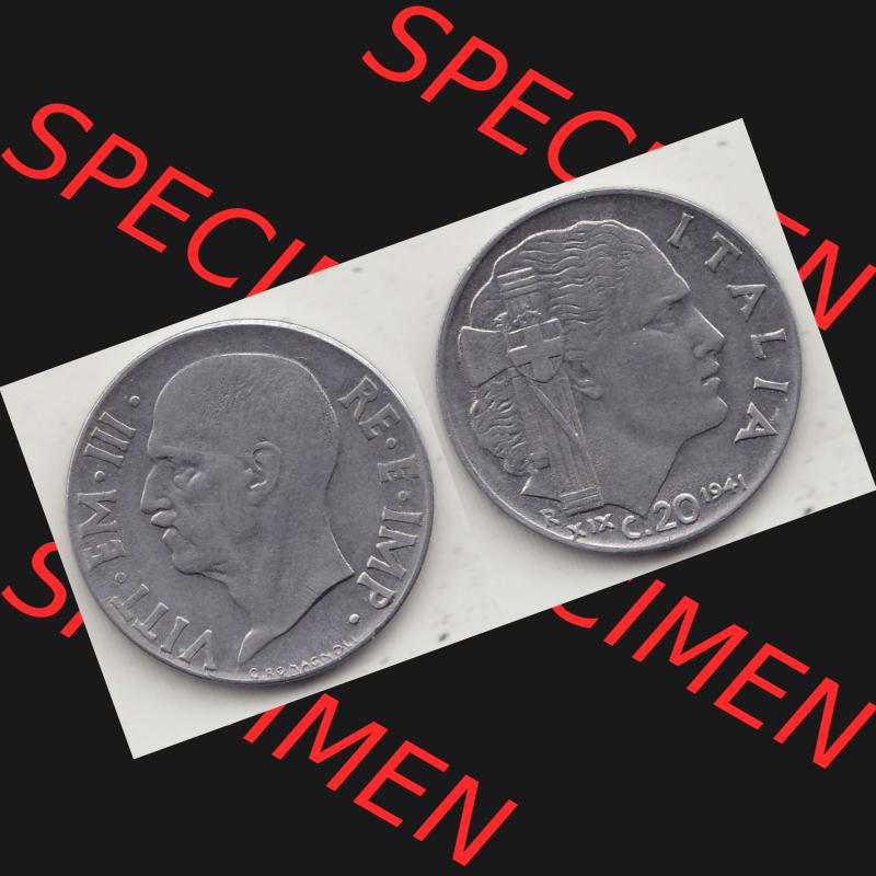 Alte Münzen KMS Italien / Italia, Kursmünzensatz - Zusammenstellung 1908-1943, mit Münze 1939-1943, 20 C. Centesimi, Cent 1941-1. Digitales Bild... Sammlung