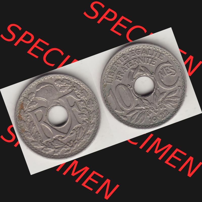 Münzen Frankreich Umlaufmünze Vollansicht 1917-1938, 10 Centimes, RF - Frankreich 10 CMES EGALITÉ FRATERNITÉ LIBERTÉ 1922-2. Vorderseite und Rückseite... Sammlung