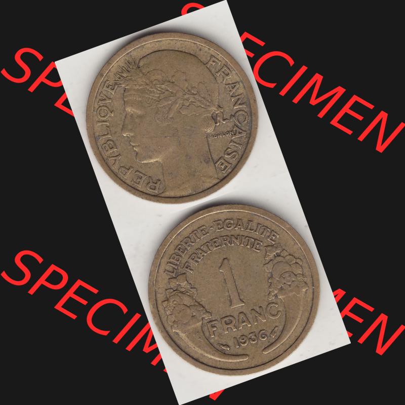 Münzen Frankreich Umlaufmünze 1931-1941, 1 Franken, 1 Franc, 1936-1 LIBERTE EGALITE FRATERNITE. Vorderseite und Rückseite vertikal auf einen digitalen Bild der alten... Sammlung
