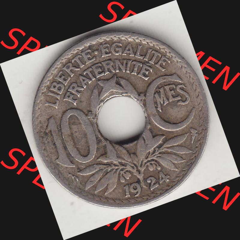 Münzen Frankreich Umlaufmünze 1917-1938, 10 Centimes, 10 CMES EGALITÉ FRATERNITÉ LIBERTÉ 1924-1. Digitales Bild der Rückseite mit Wertzahl / Nennwert... Sammlung