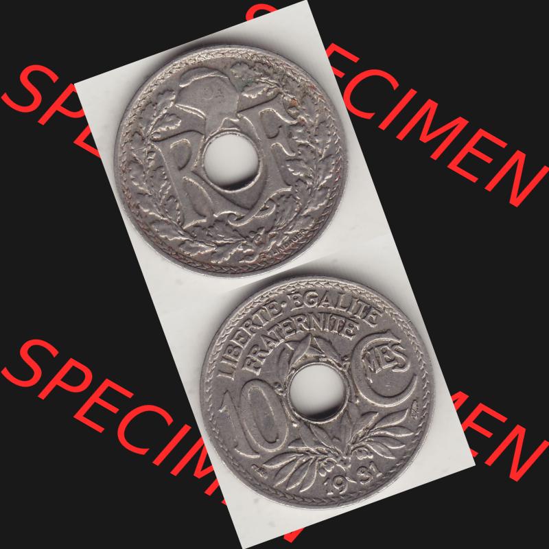 Münzen Frankreich Umlaufmünze Vollansicht 1917-1938, 10 Centimes, 10 CMES EGALITÉ FRATERNITÉ LIBERTÉ 1931-2. Vorderseite und Rückseite vertikal auf... Sammlung