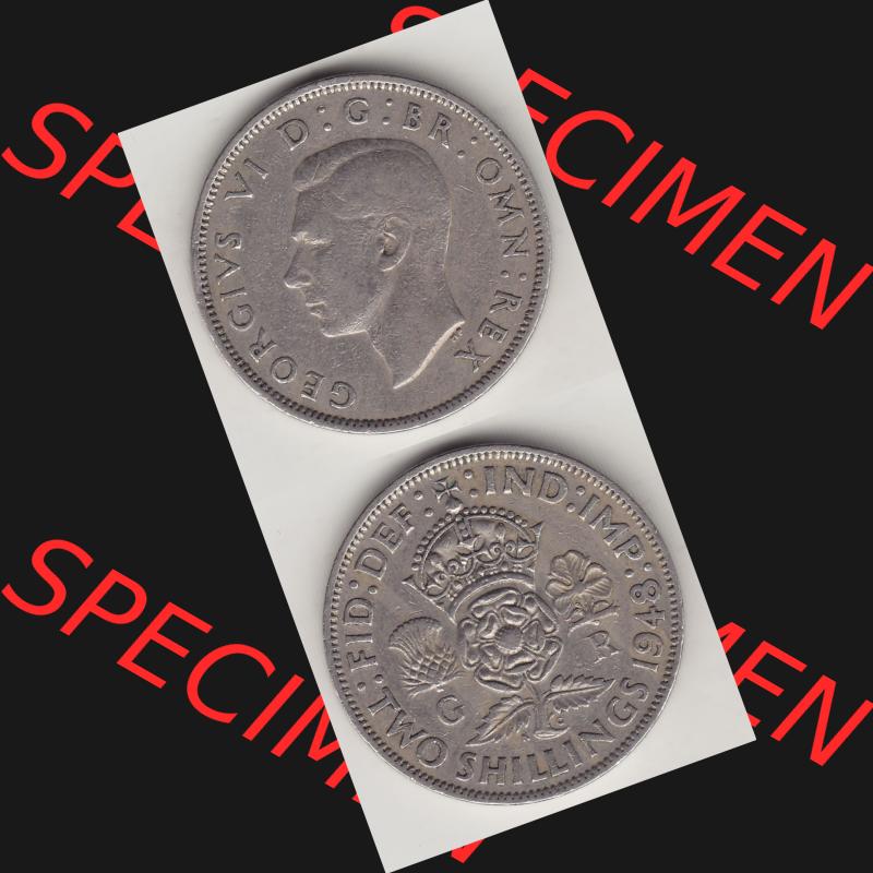 Münzen Großbritannien Umlaufmünze 1947-1948, 2 Schilling - Shillings 1948-1. Vorderseite und Rückseite vertikal untereinander auf einen digitalen Bild der alten britischen... Sammlung