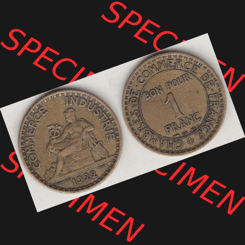 Münzen Frankreich Umlaufmünze 1922-1927, 1 Franken, BON POUR One Franc, 1922-2 CHAMBRES DE COMMERCE DE FRANCE. Vorderseite und Rückseite horizontal auf einen digitalen... Sammlung
