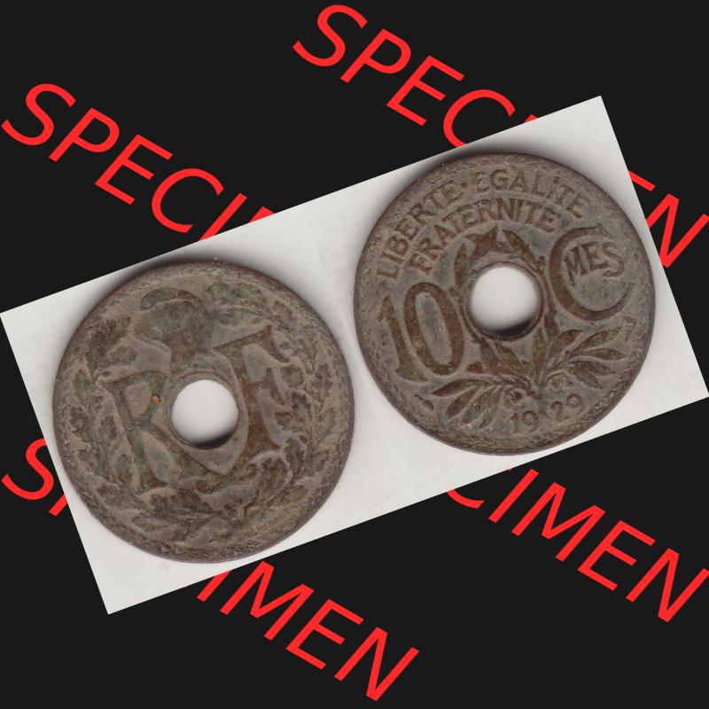 Münzen Frankreich Umlaufmünze Vollansicht 1917-1938, 10 Centimes, 10 CMES EGALITÉ FRATERNITÉ LIBERTÉ 1929-1. Vorderseite und Rückseite horizontal... Sammlung