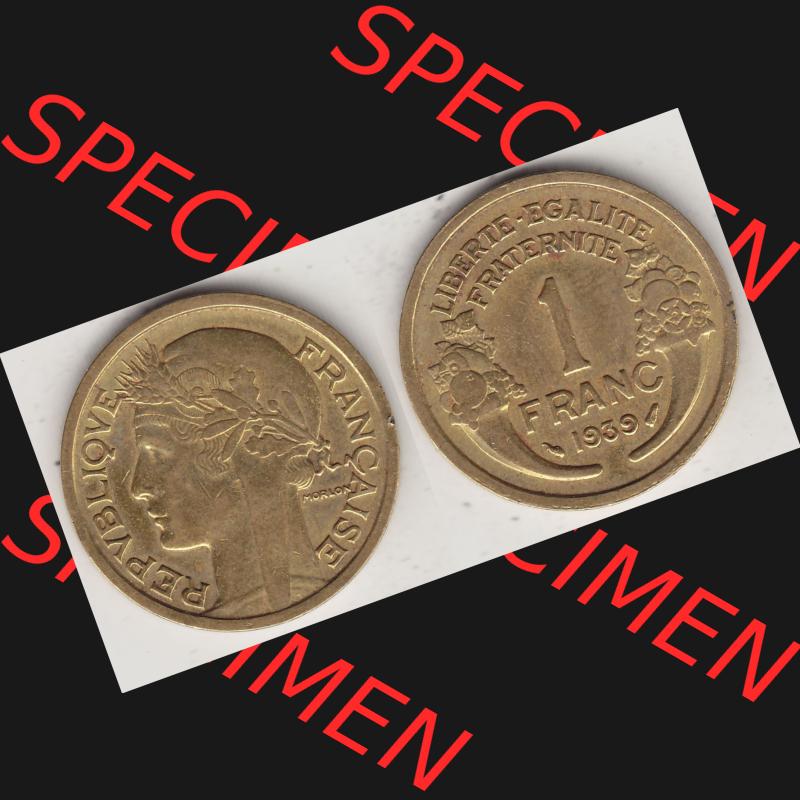 Alte Münzen KMS Frankreich, aus Kursmünzensatz-Zusammenstellung der Jahre 1917-1952, mit der Münze 1931-1941, 1 Franken, Franc, 1939-1. Vorderseite und... Sammlung