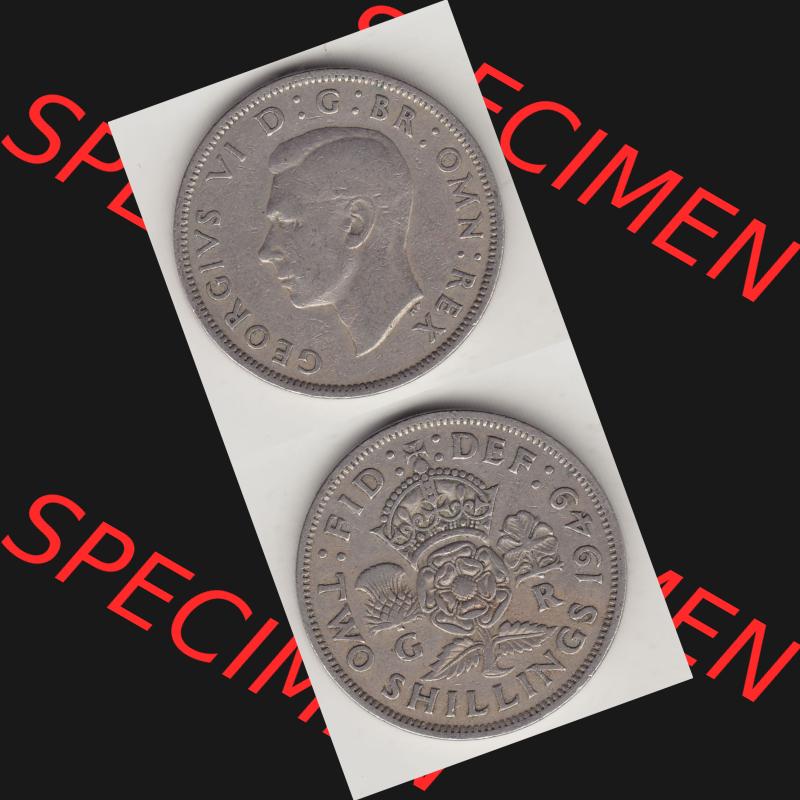 Münzen Großbritannien Umlaufmünze 1949-1951, 2 Schilling - Shillings 1949-1. Vorderseite und Rückseite vertikal untereinander auf einen digitalen Bild der alten britischen... Sammlung
