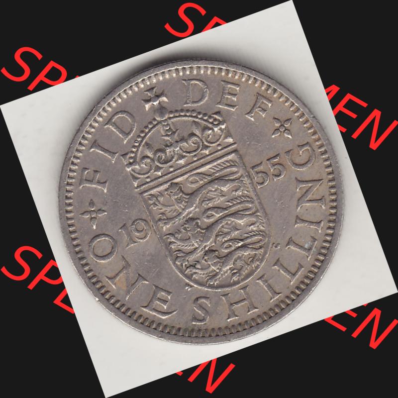 Münzen Großbritannien Umlaufmünze 1954-1970, 1 Schilling - Shilling, 1955-2 Wappen mit drei Löwen. Rückseite der alten britischen Münze aus Großbritannien... Sammlung