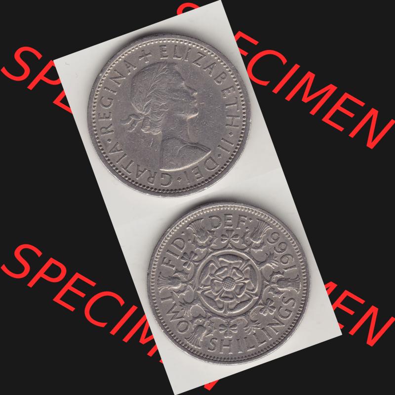 Münzen Großbritannien Umlaufmünze 1954-1970, 2 Schilling - Shillings 1966-4. Vorderseite und Rückseite vertikal untereinander auf einen digitalen Bild der alten britischen... Sammlung