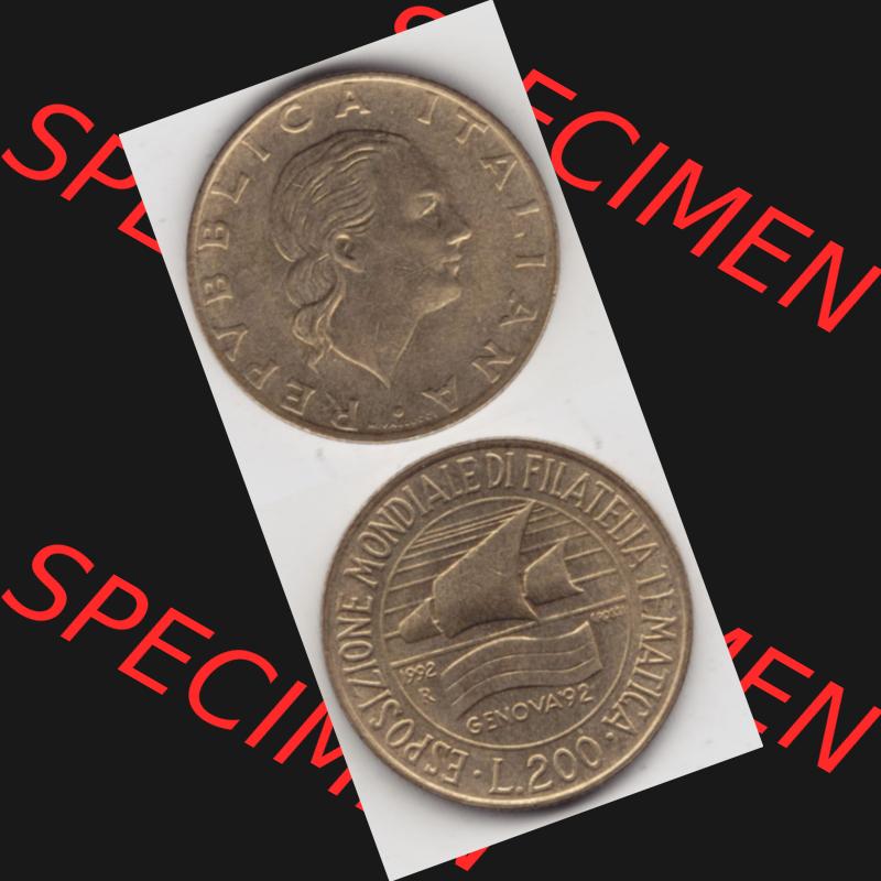 Bildmaterial von Münzen aus Italien / Italia Gedenkmünzen 1992-1992, 200 Lire Briefmarkenausstellung in Genua. Vorderseite und Rückseite vertikal untereinander auf einen... Sammlung