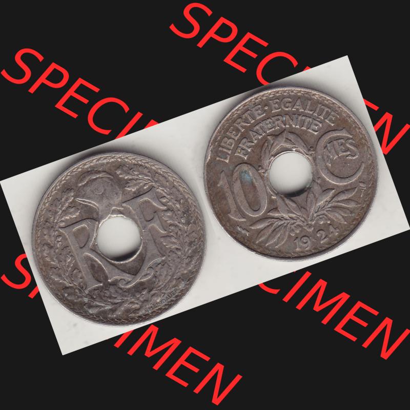 Münzen Frankreich Umlaufmünze Vollansicht 1917-1938, 10 Centimes, 10 CMES EGALITÉ FRATERNITÉ LIBERTÉ 1924-1. Vorderseite und Rückseite horizontal... Sammlung