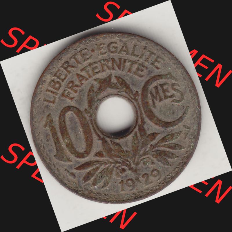 Münzen Frankreich Umlaufmünze Einzelansicht 1917-1938, 10 Centimes, 10 CMES EGALITÉ FRATERNITÉ LIBERTÉ 1929-1. Rückseite der alten französischen... Sammlung