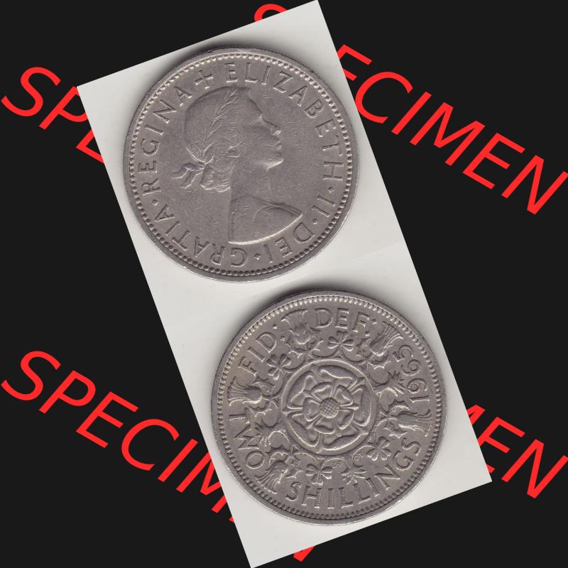 Münzen Großbritannien Umlaufmünze 1954-1970, 2 Schilling - Shillings 1965-1. Vorderseite und Rückseite vertikal untereinander auf einen digitalen Bild der alten britischen... Sammlung