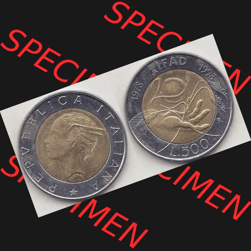 Bildmaterial von Münzen aus Italien / Italia Gedenkmünzen 1998-1998, 500 Lire, 20 Jahre Internationaler Fonds für die landwirtschaftliche Entwicklung (1978-1998)-1.... Sammlung