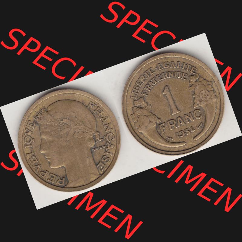 Münzen Frankreich Umlaufmünze 1931-1941, 1 Franken, 1 Franc, 1934-1 LIBERTE EGALITE FRATERNITE. Vorderseite und Rückseite horizontal auf einen digitalen Bild der... Sammlung