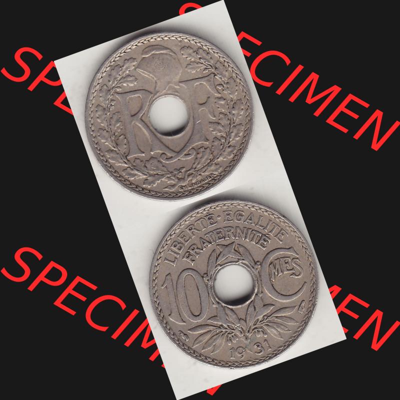 Münzen Frankreich Umlaufmünze Vollansicht 1917-1938, 10 Centimes, 10 CMES EGALITÉ FRATERNITÉ LIBERTÉ 1931-1. Vorderseite und Rückseite vertikal auf... Sammlung