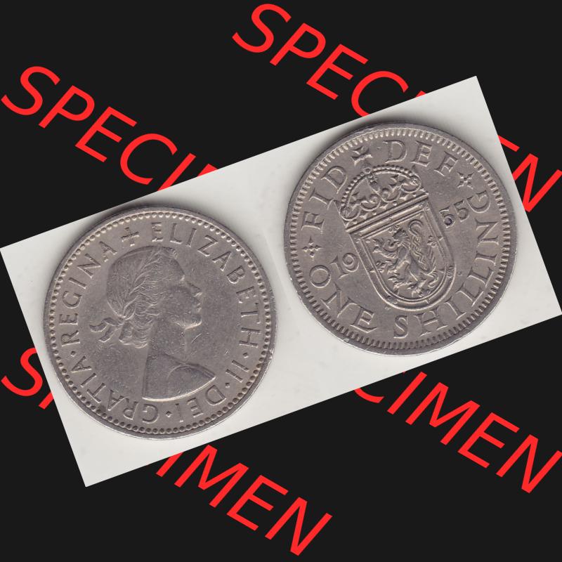 Münzen Großbritannien Umlaufmünze 1954-1970, 1 Schilling - One Shilling, 1955-1 Wappen mit einen Löwen. Vorderseite und Rückseite horizontal auf einen digitalen... Sammlung