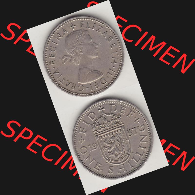 Münzen Großbritannien Umlaufmünze 1954-1970, 1 Schilling - Shilling, 1957-1 Wappen mit einen Löwen. Vorderseite und Rückseite vertikal untereinander auf einen... Sammlung