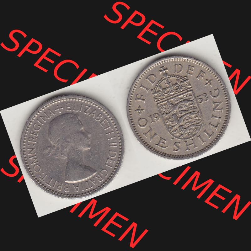 Münzen Großbritannien Umlaufmünze 1954-1970, 1 Schilling - One Shilling, 1953-1 Wappen mit drei Löwen. Vorderseite und Rückseite horizontal auf einen digitalen... Sammlung