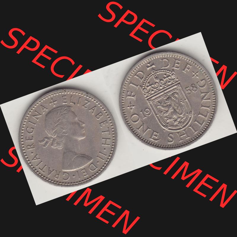 Münzen Großbritannien Umlaufmünze 1954-1970, 1 Schilling - Shilling, 1958-1 Wappen mit einen Löwen. Vorderseite und Rückseite horizontal auf einen digitalen... Sammlung