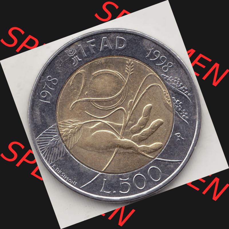 Bildmaterial von Münzen aus Italien / Italia Gedenkmünzen 1998-1998, 500 Lire, 20 Jahre Internationaler Fonds für die landwirtschaftliche Entwicklung (1978-1998)-1.... Sammlung
