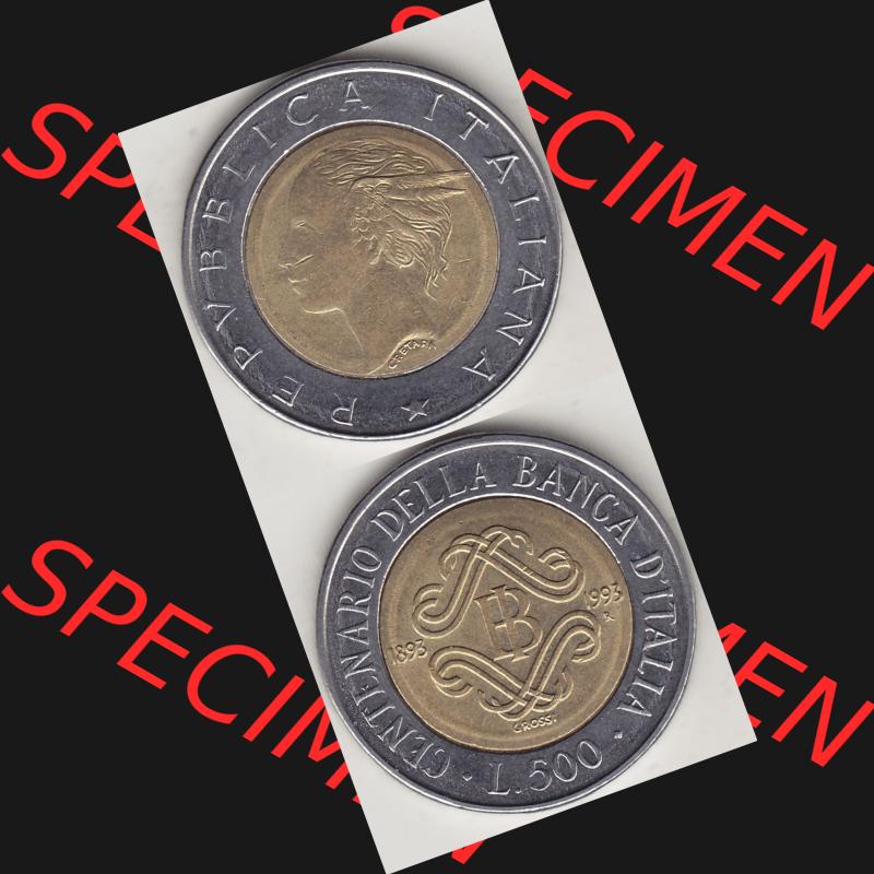 Bildmaterial von Münzen aus Italien / Italia Gedenkmünzen 1993-1993, 500 Lire, 100 Jahre Bank von Italien (1893-1993), CENTENARIO DELLA BANCA DITALIA GROSSI.... Sammlung