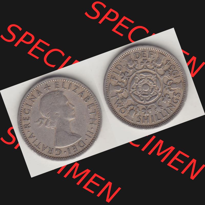 Münzen Großbritannien Umlaufmünze 1954-1970, 2 Schilling - Shillings 1954-1. Vorderseite und Rückseite horizontal auf einen digitalen Bild der alten britischen Münze... Sammlung