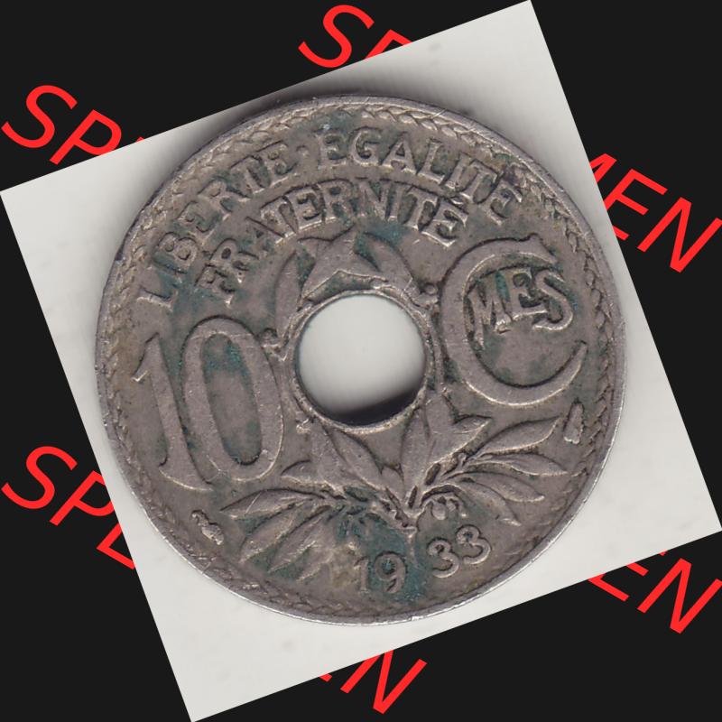 Münzen Frankreich Umlaufmünze 1917-1938, 10 Centimes, 10 CMES EGALITÉ FRATERNITÉ LIBERTÉ 1933-1. Digitales Bild der Rückseite mit Wertzahl / Nennwert... Sammlung