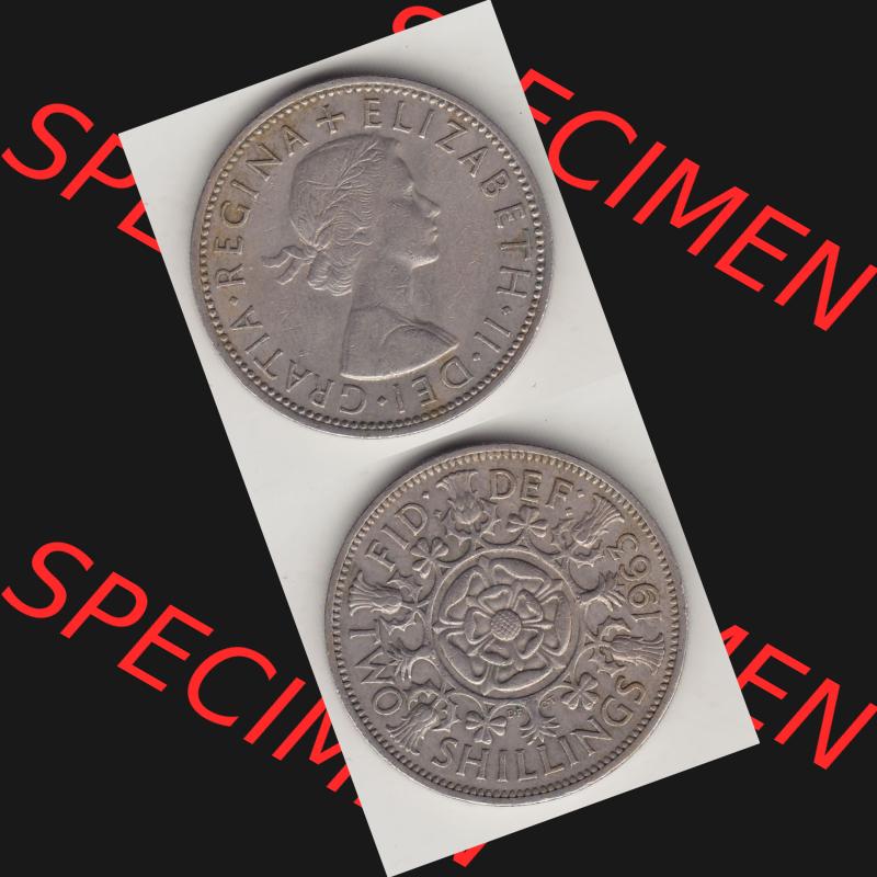 Münzen Großbritannien Umlaufmünze 1954-1970, 2 Schilling - Shillings 1963-1. Vorderseite und Rückseite vertikal untereinander auf einen digitalen Bild der alten britischen... Sammlung