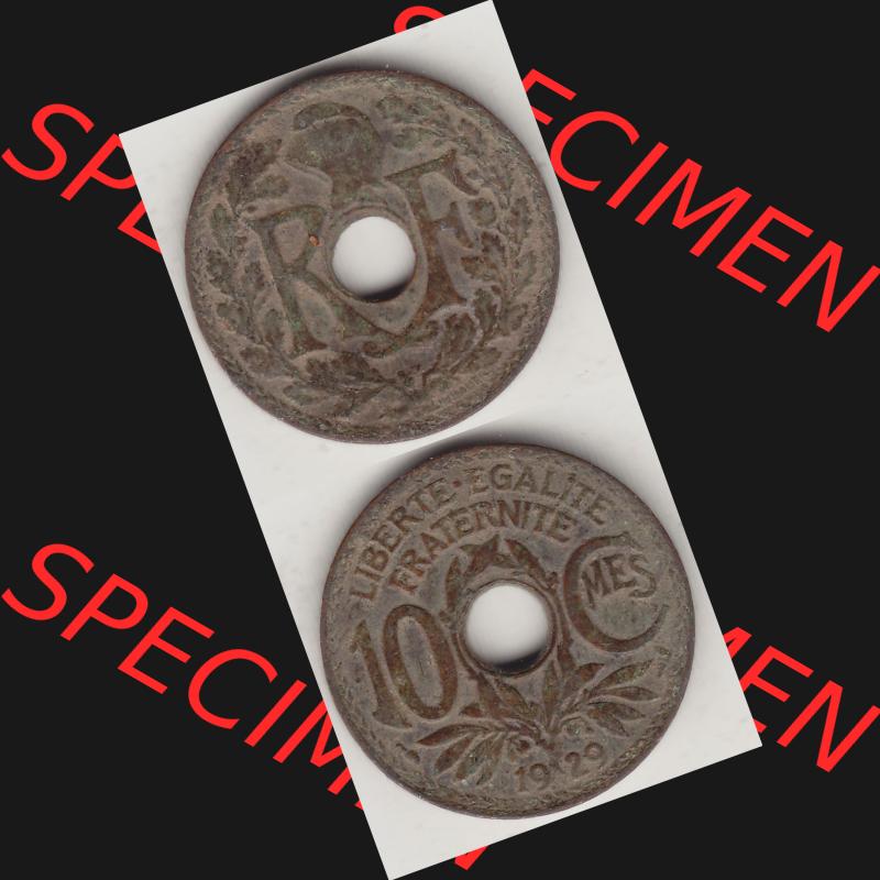 Münzen Frankreich Umlaufmünze Vollansicht 1917-1938, 10 Centimes, 10 CMES EGALITÉ FRATERNITÉ LIBERTÉ 1929-1. Vorderseite und Rückseite vertikal auf... Sammlung