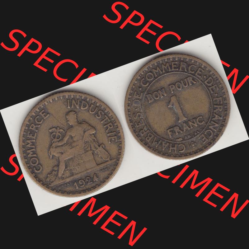 Münzen Frankreich Umlaufmünze 1920-1927, 1 Franken BON POUR 1 FRANC 1924-1. Vorderseite und Rückseite horizontal auf einen digitalen Bild der alten französischen Umlaufmünze... Sammlung